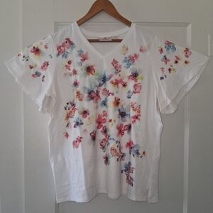 Quacker Factory Floral White Tee XL • Gems • Wide Sleeves • Spring & Easter